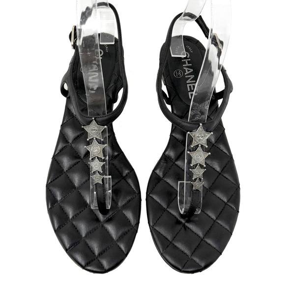 CHANEL Shoes - Chanel CC Star Charm Quilted‎ Leather Flat Sandals Black 37.5